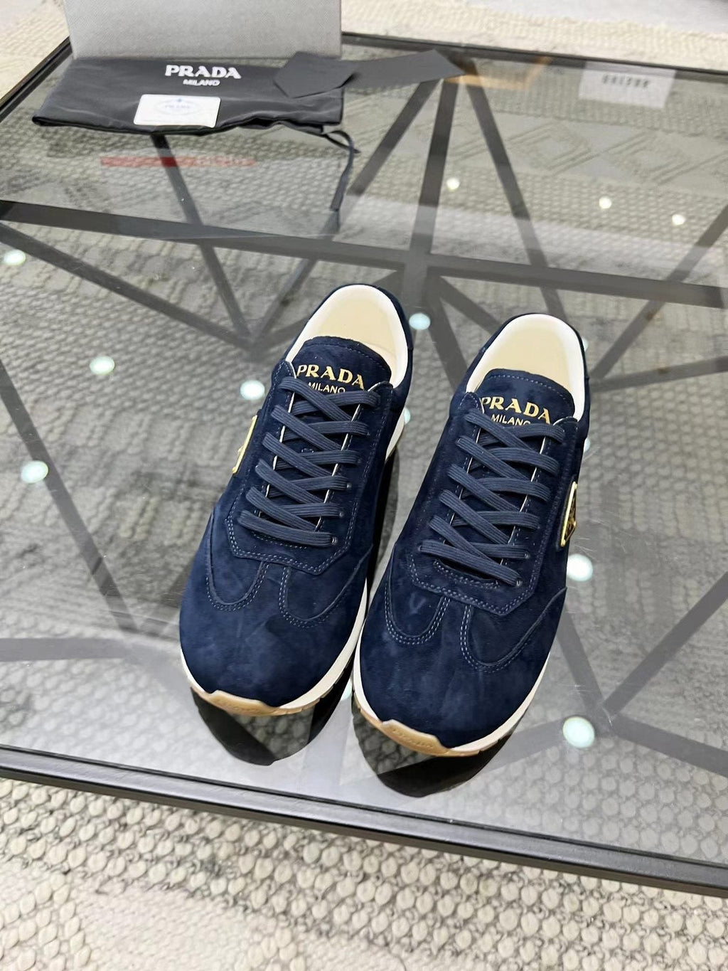 Prada Navy Triangle Badge Sneakers — front