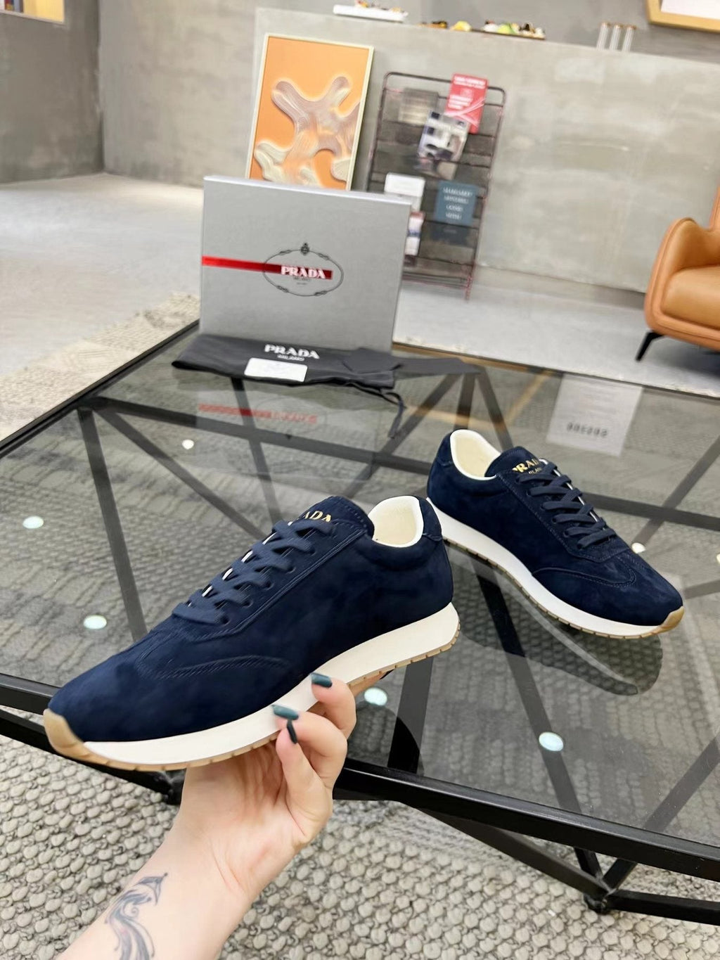 Prada Navy Triangle Badge Sneakers — side