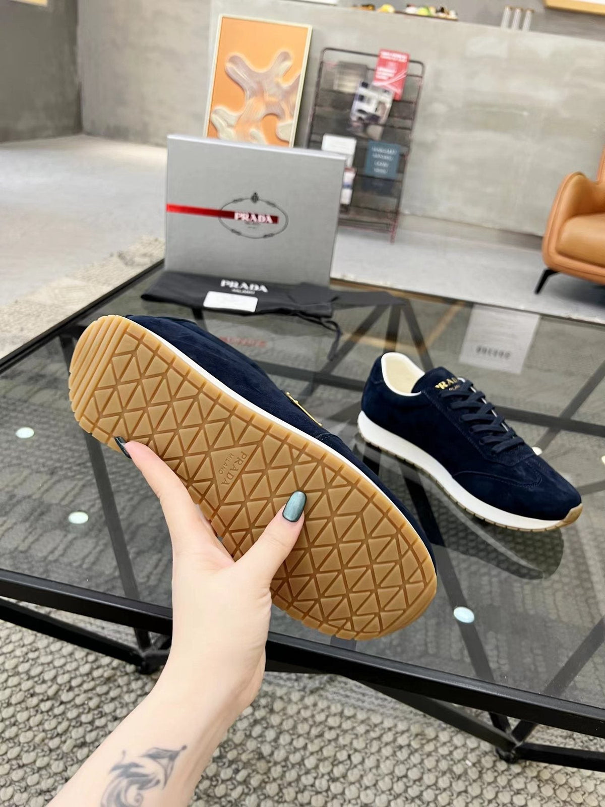 Prada Navy Triangle Badge Sneakers — detail