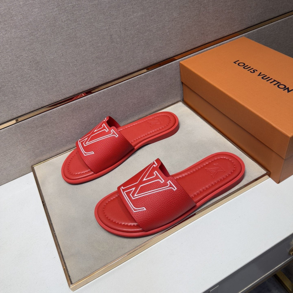 Louis Vuitton Men's Outlined LV Slide Sandals — front