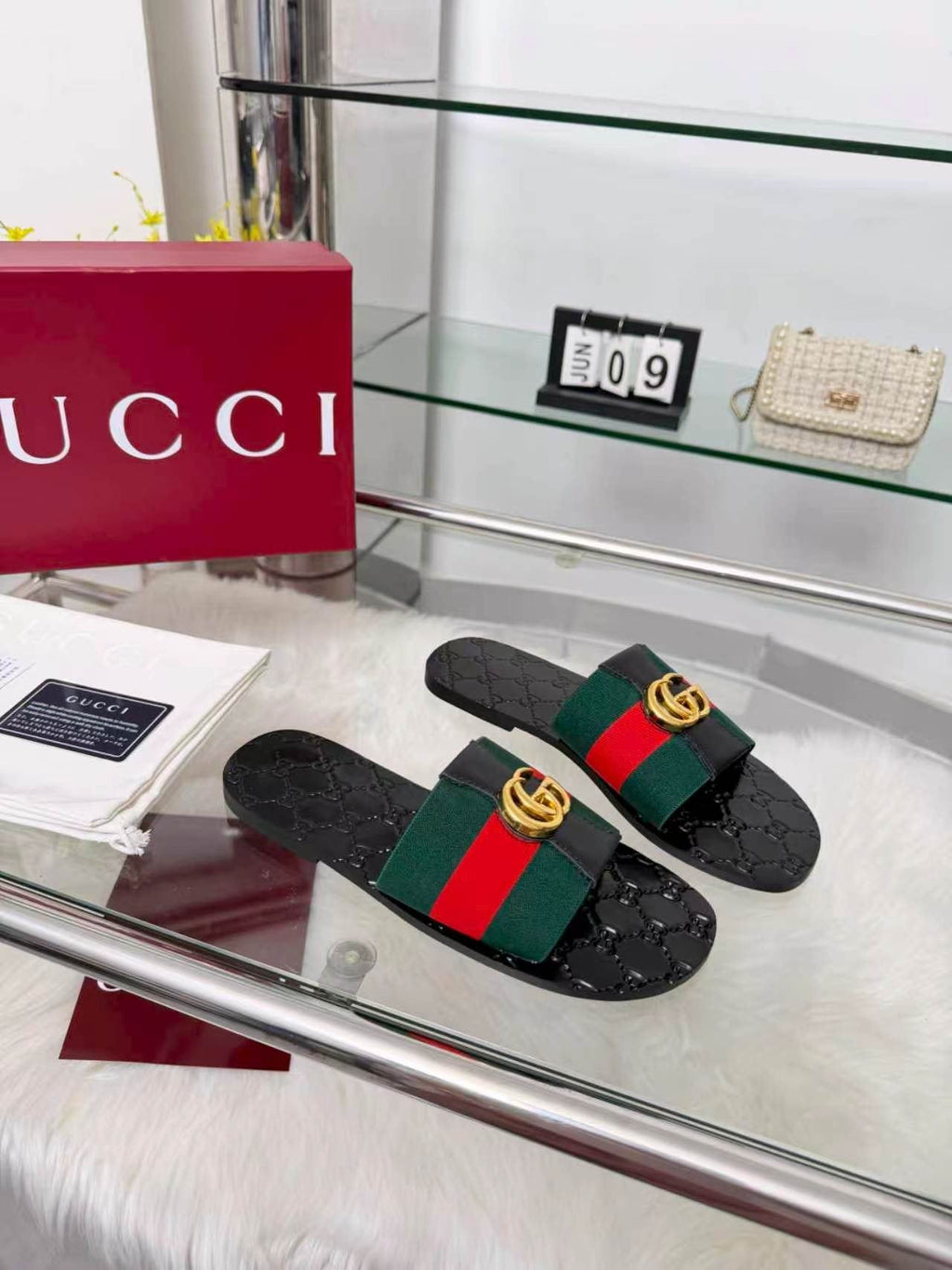 Gucci Black Striped Strap Slide Sandals — front