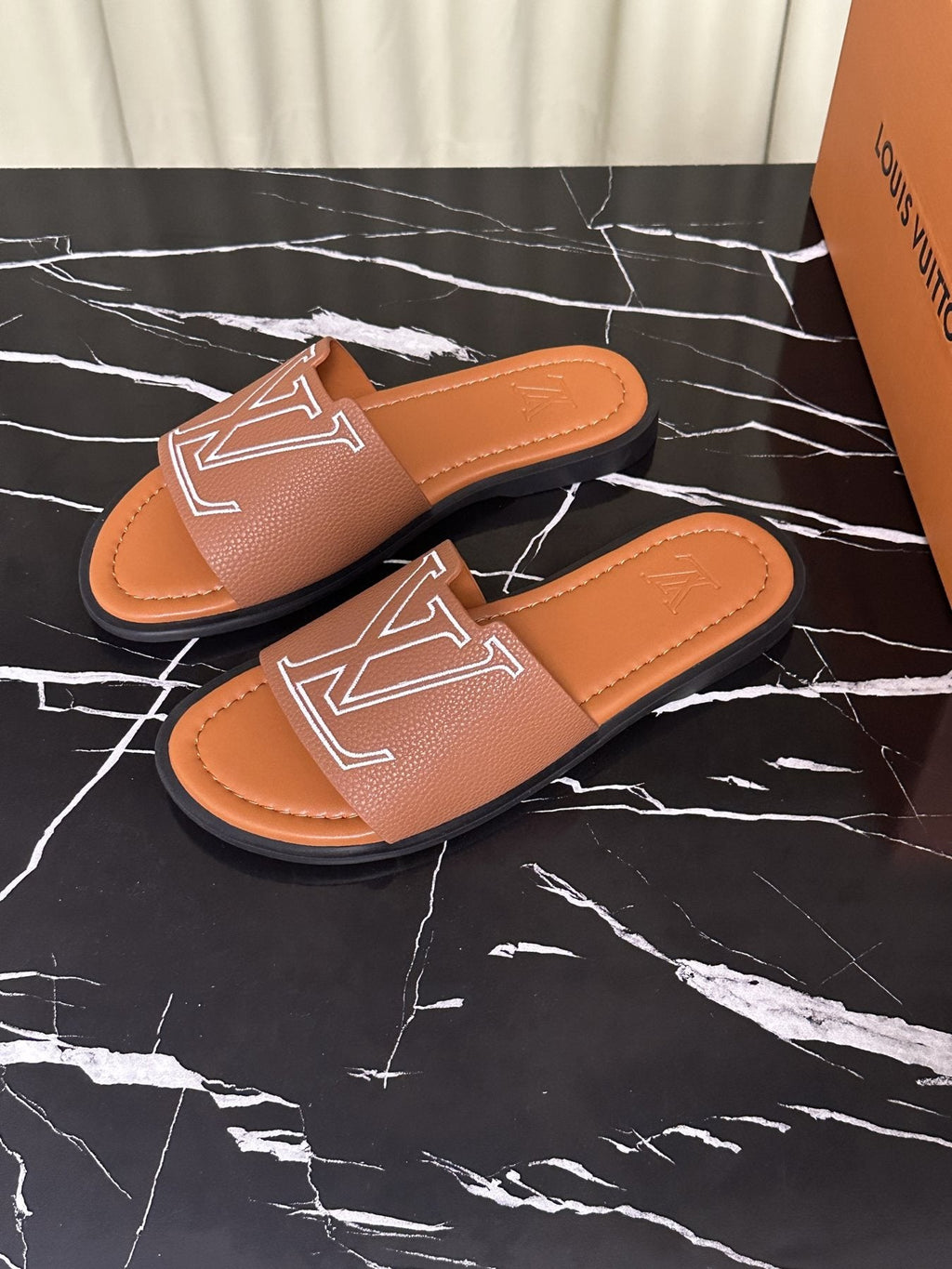 Louis Vuitton Logo Strap Slide Sandals — front