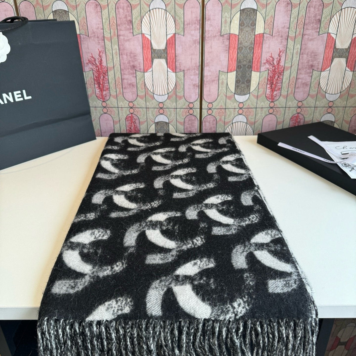 Chanel Black & White Fringed Scarf — front