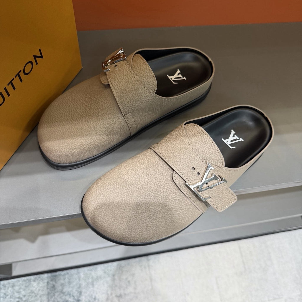 Louis Vuitton Textured Buckle Slide Sandals — front