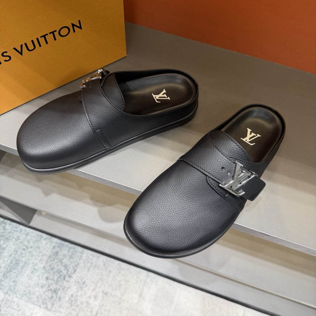 Louis Vuitton Textured Buckle Slide Sandals — front