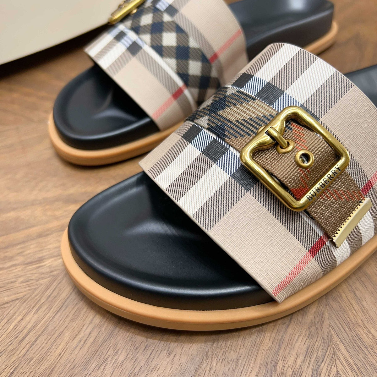 Burberry Check Buckle Slide Sandals — detail