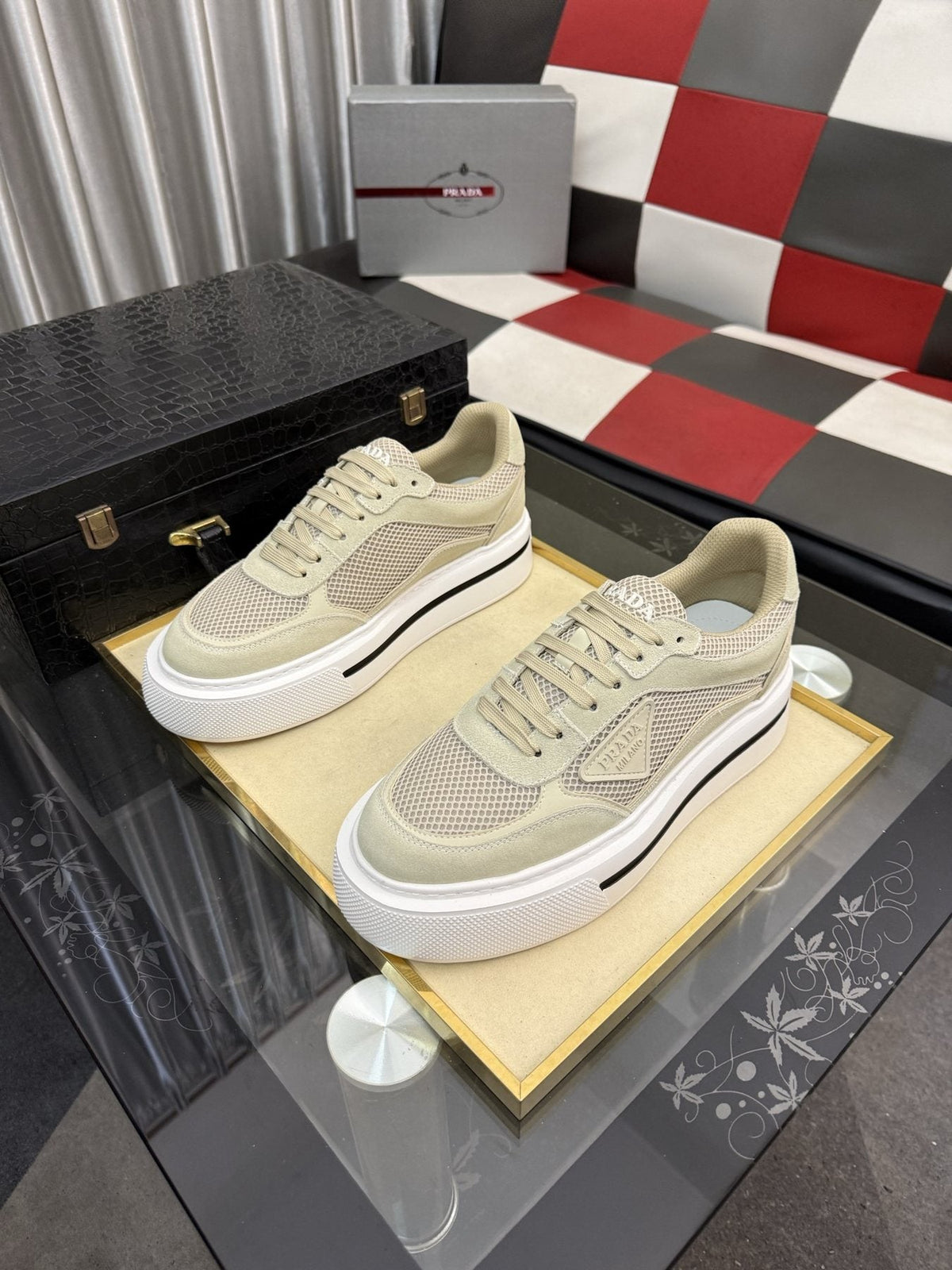 Prada White and Light Gray Low-Top Sneakers — front