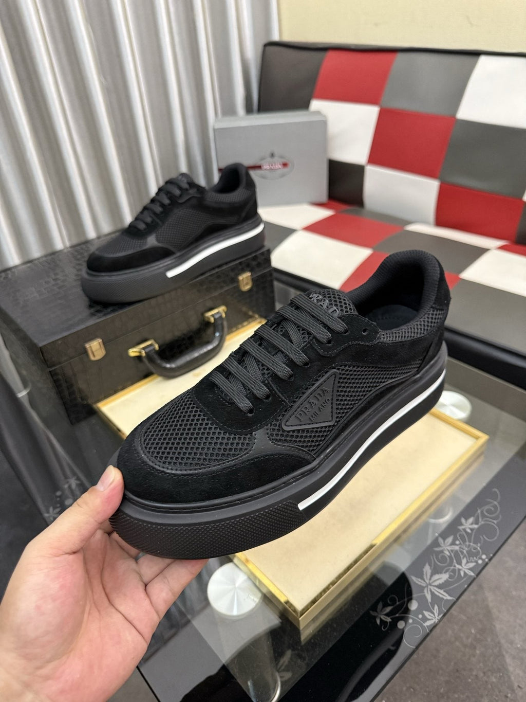 Prada White and Light Gray Low-Top Sneakers — front