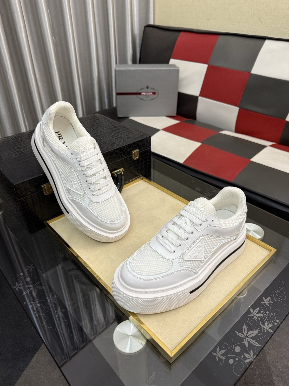 Prada White and Light Gray Low-Top Sneakers — side