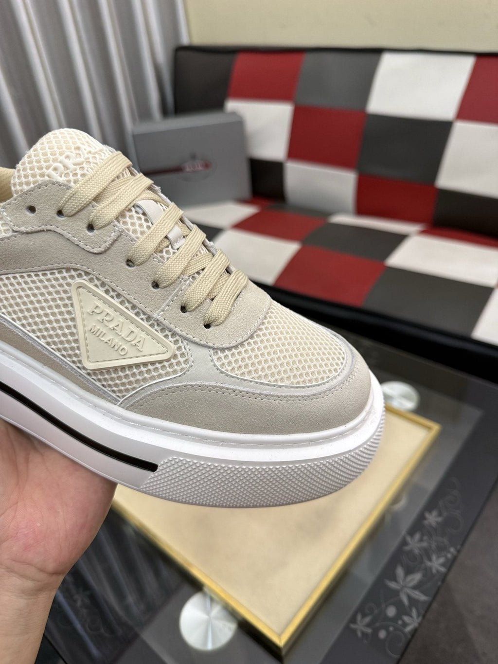 Prada White and Light Gray Low-Top Sneakers — detail