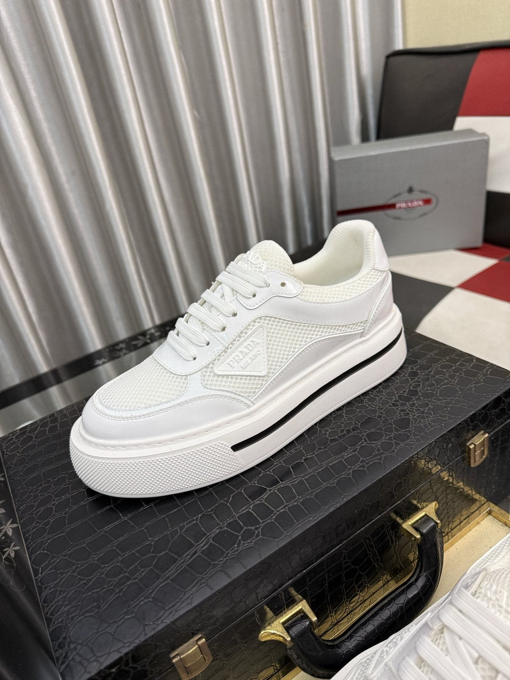 Prada White and Light Gray Low-Top Sneakers — hero