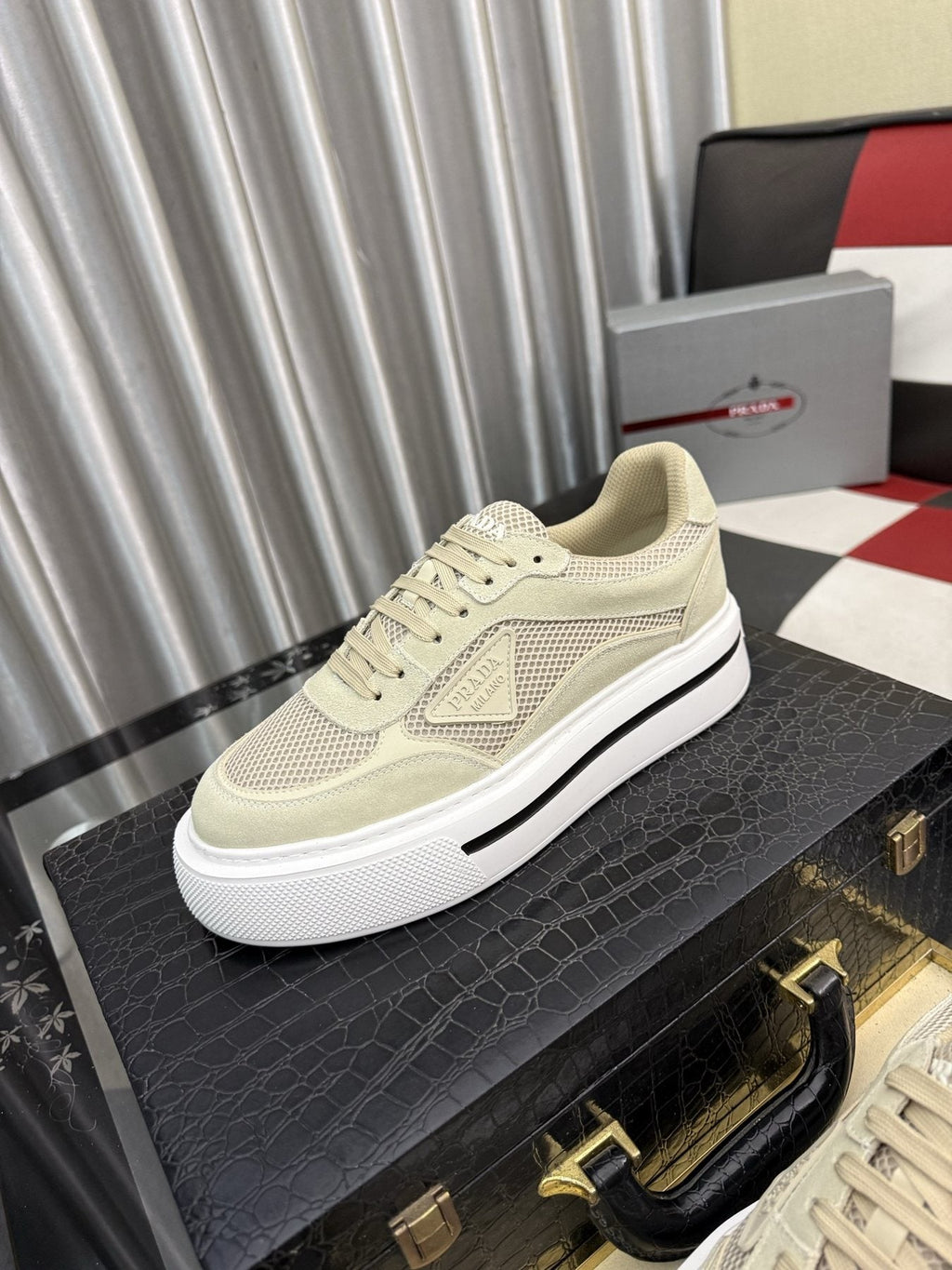 Prada White and Light Gray Low-Top Sneakers — side