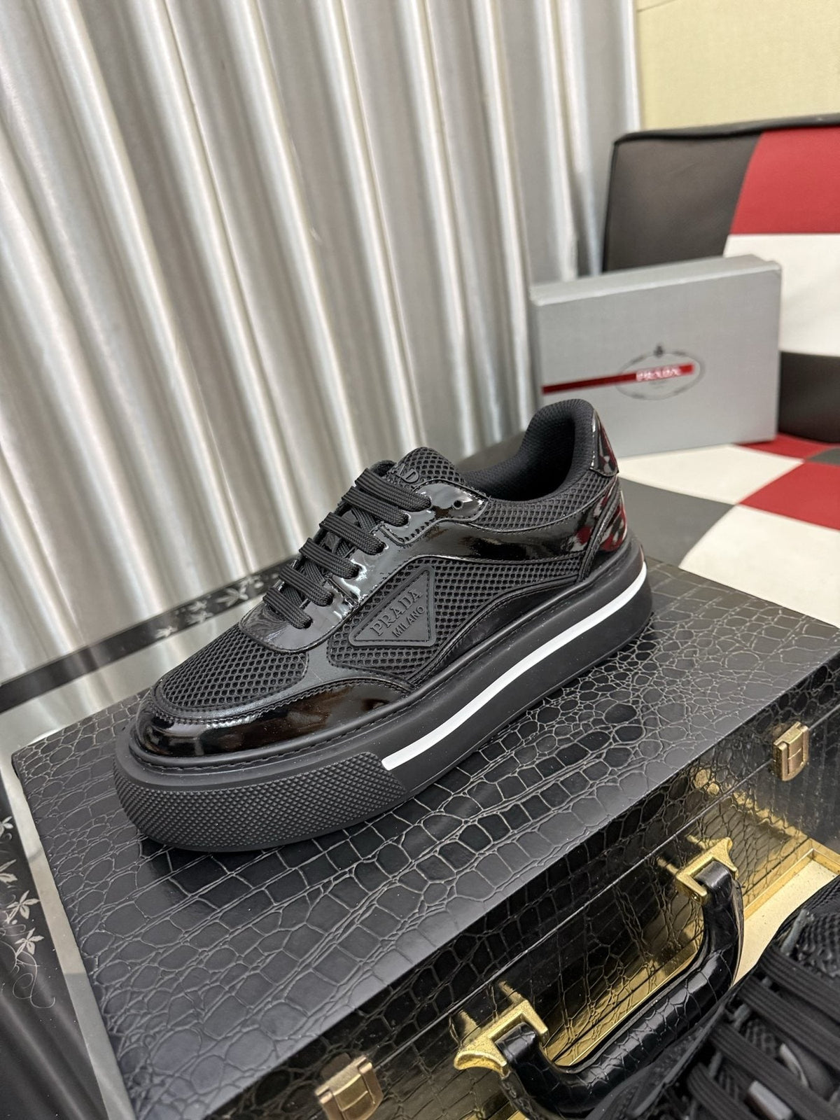 Prada White and Light Gray Low-Top Sneakers — side