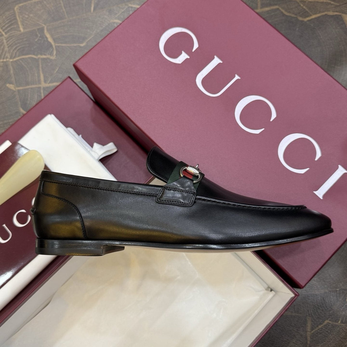Gucci Black Web Horsebit Loafers — side
