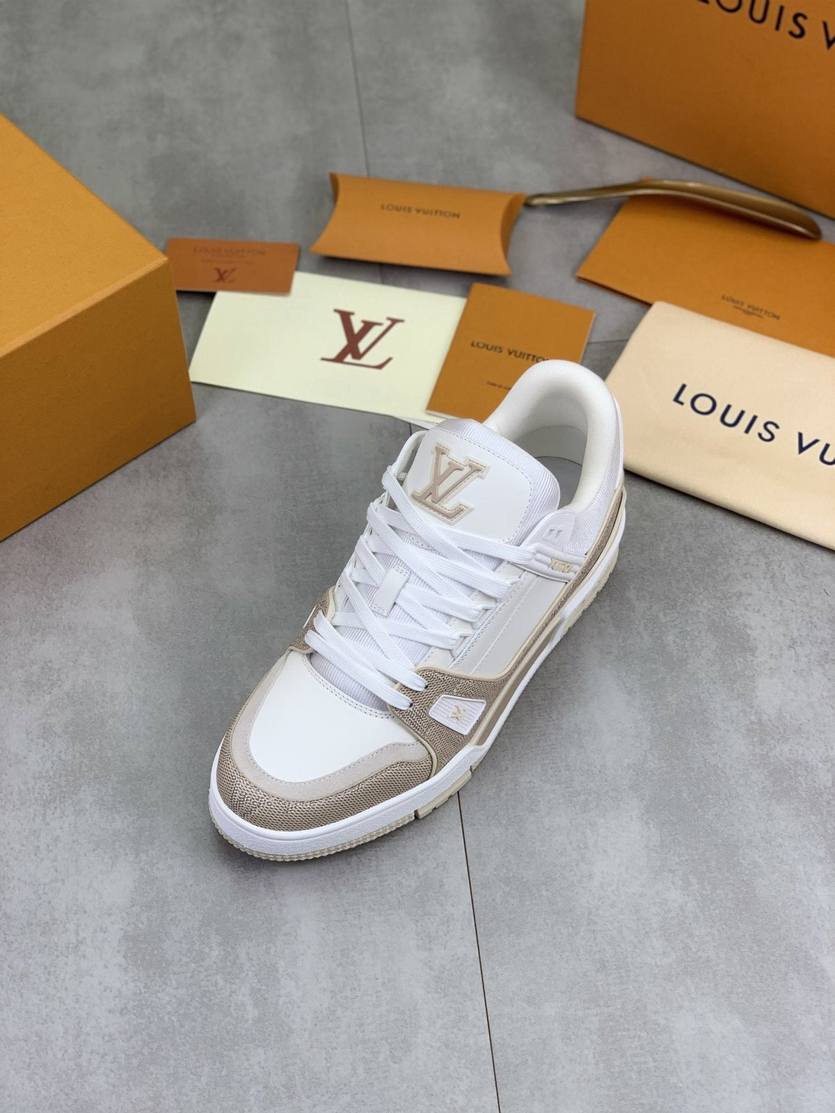 Louis Vuitton White and Beige Low-Top Sneakers — front