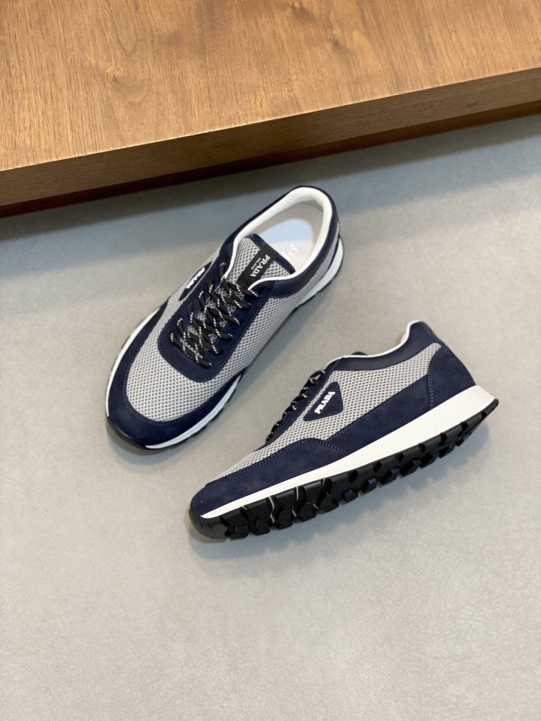 Prada Navy Panel Low-Top Sneakers — side