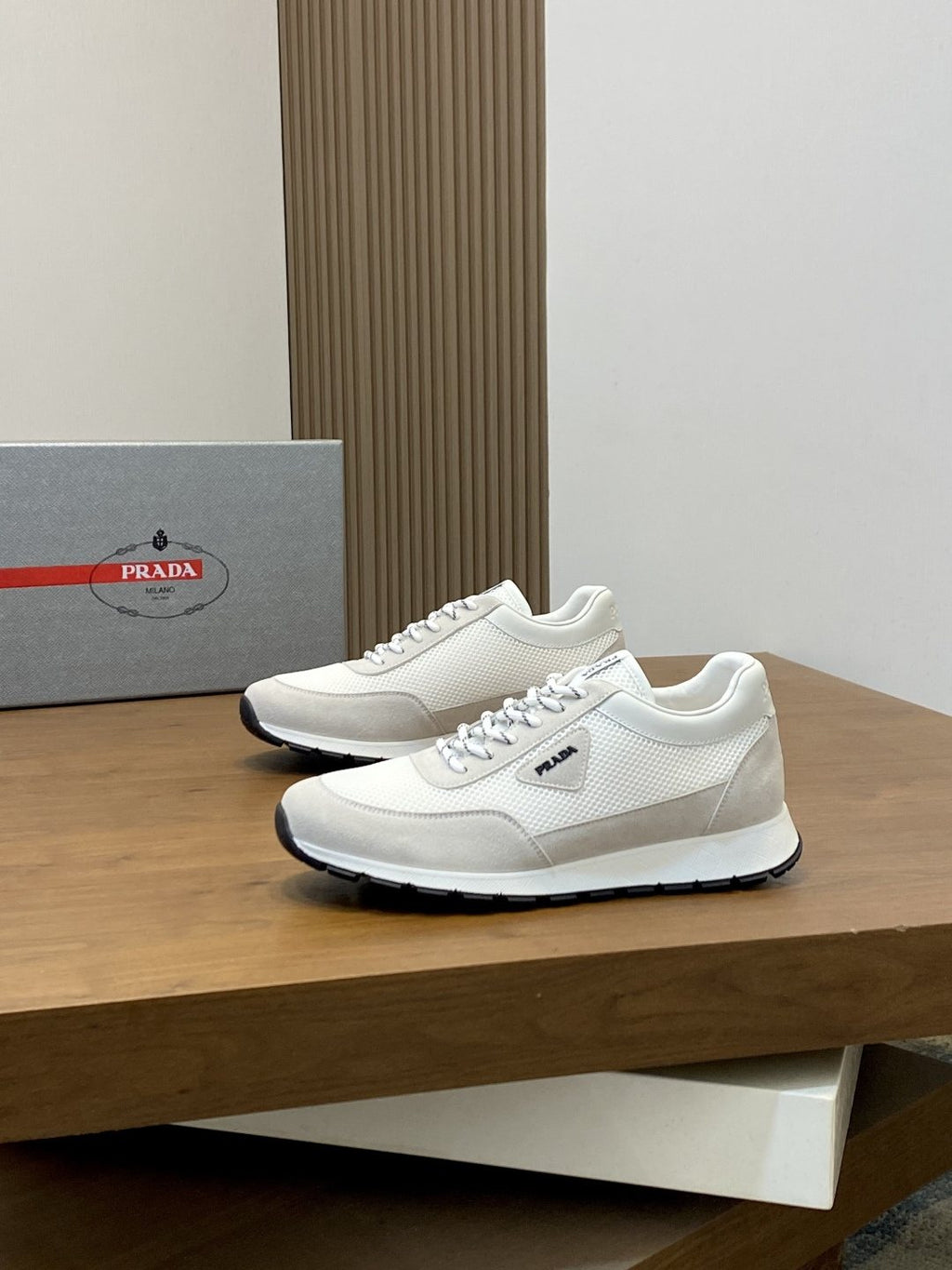 Prada Navy Panel Low-Top Sneakers — front