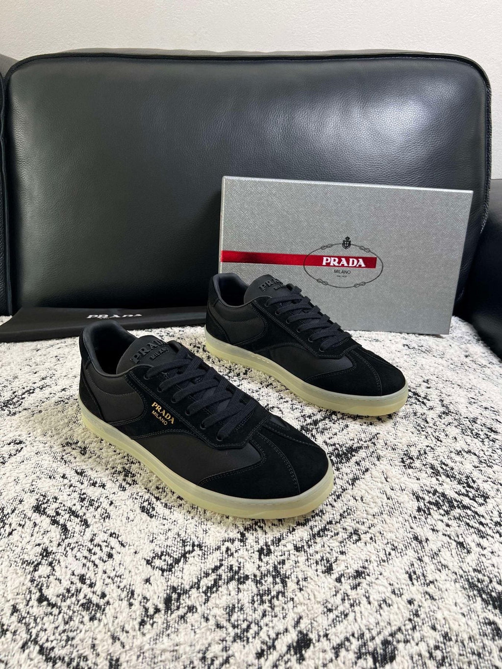 Prada Off-White Beige Low-Top Sneakers — front