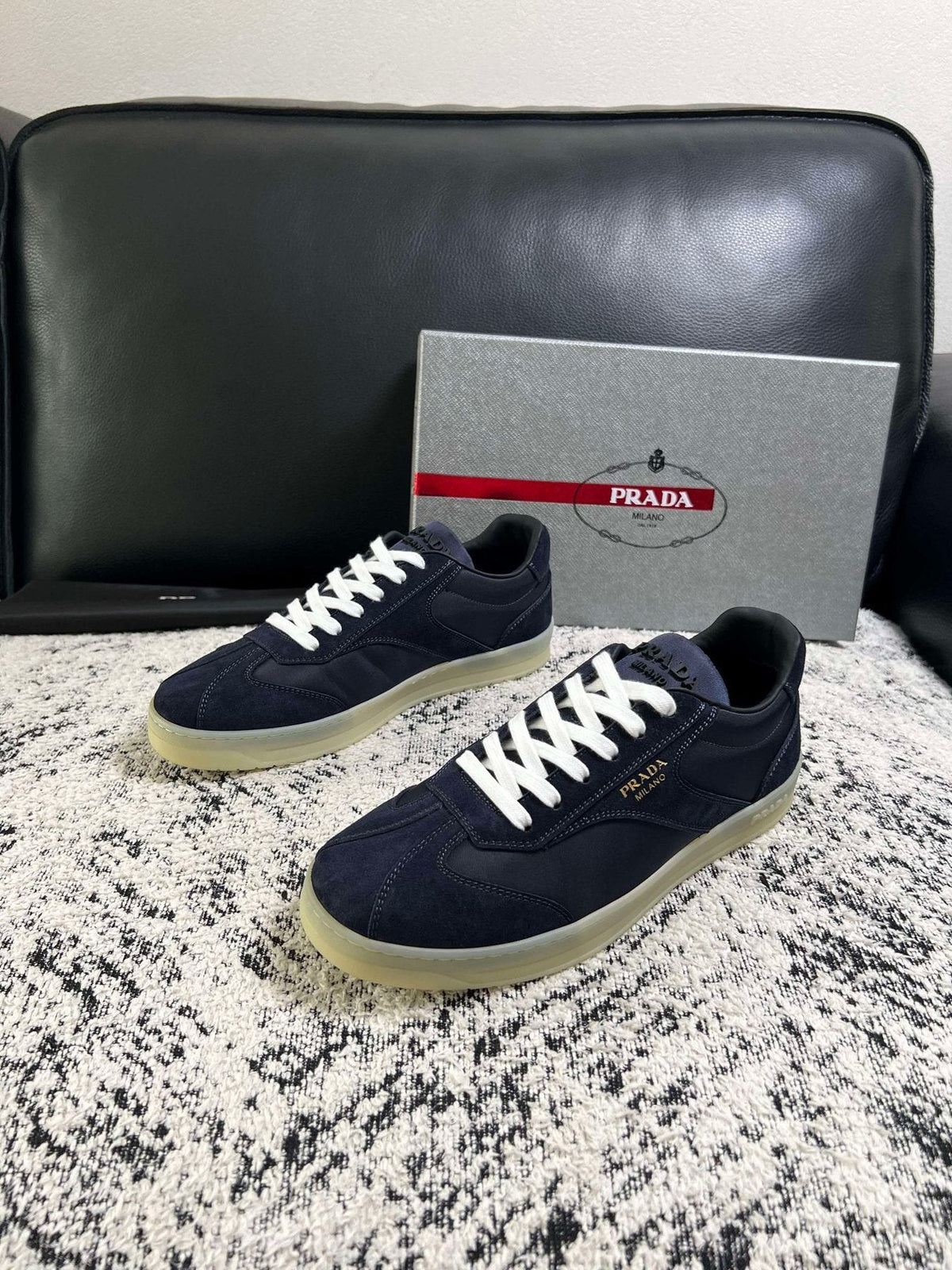 Prada Off-White Beige Low-Top Sneakers — front
