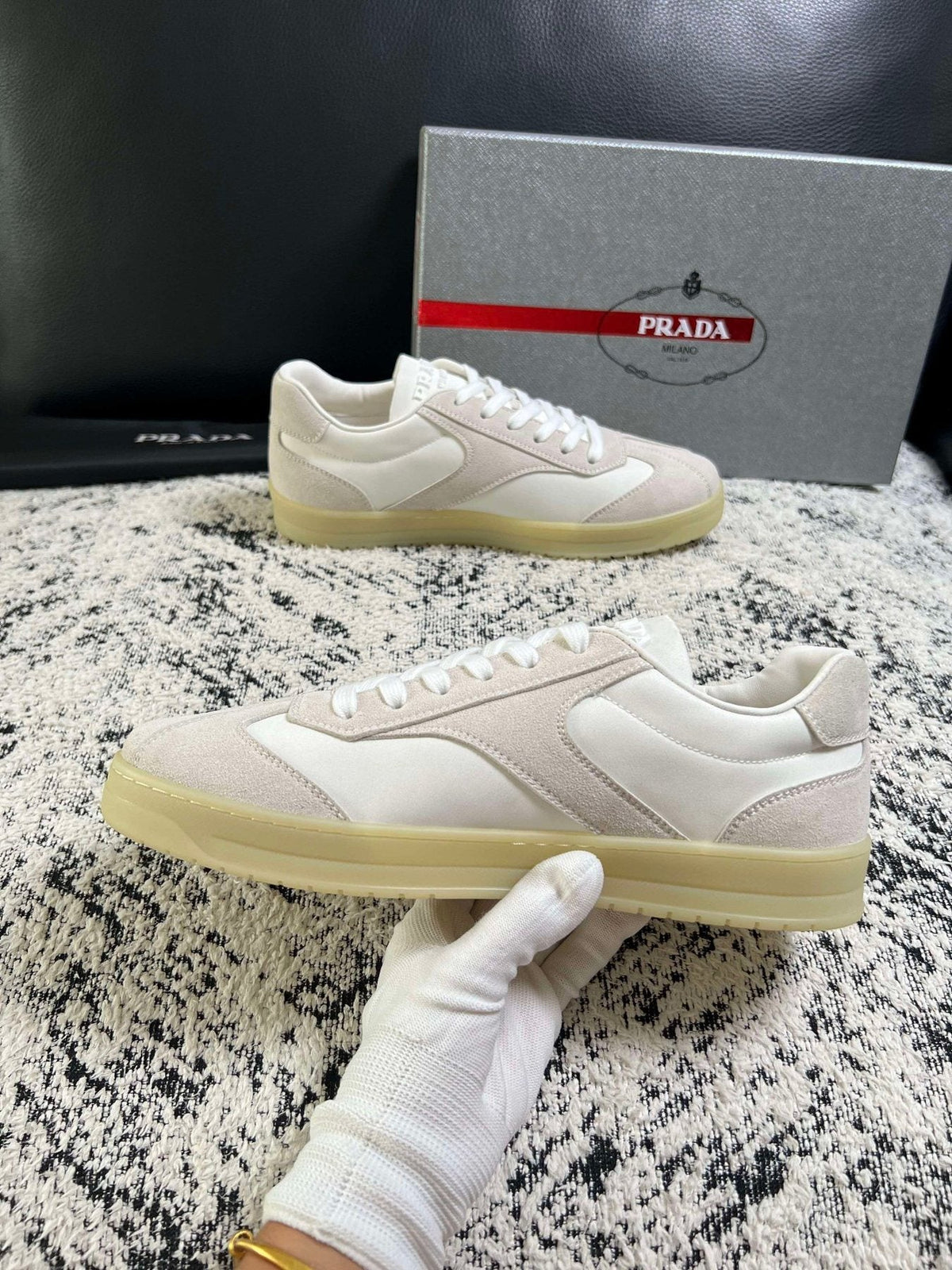 Prada Off-White Beige Low-Top Sneakers — front