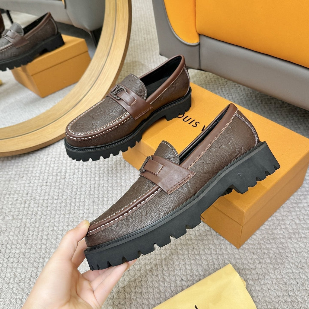 Louis Vuitton Embossed Lug Sole Loafers — model