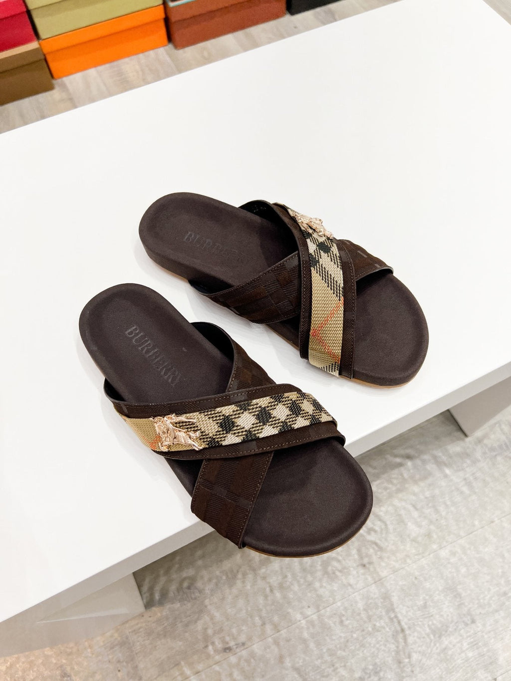 Burberry Check Cross-Strap Slide Sandals — front