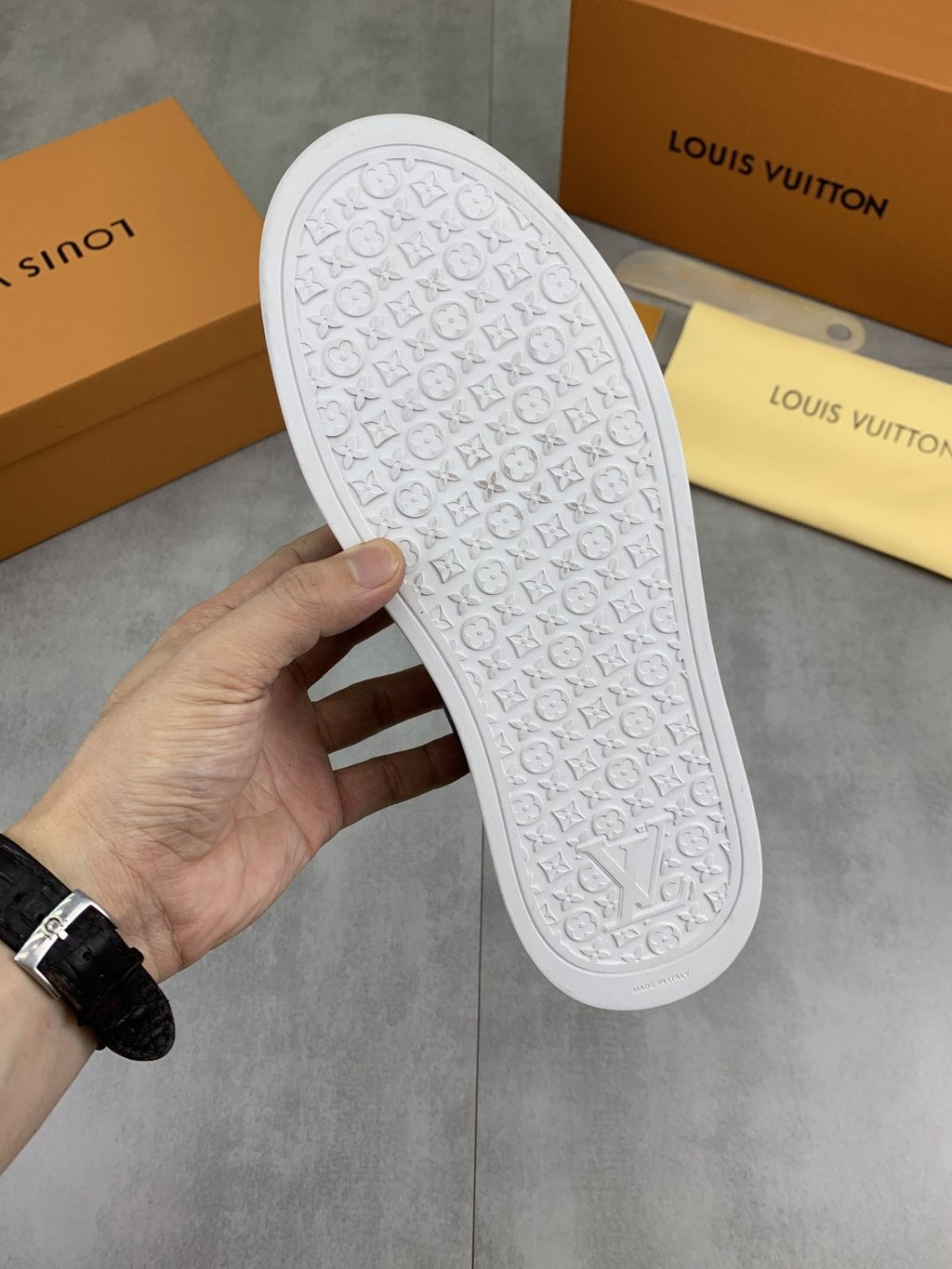 Louis Vuitton Metal Emblem Slip-On Loafers — detail
