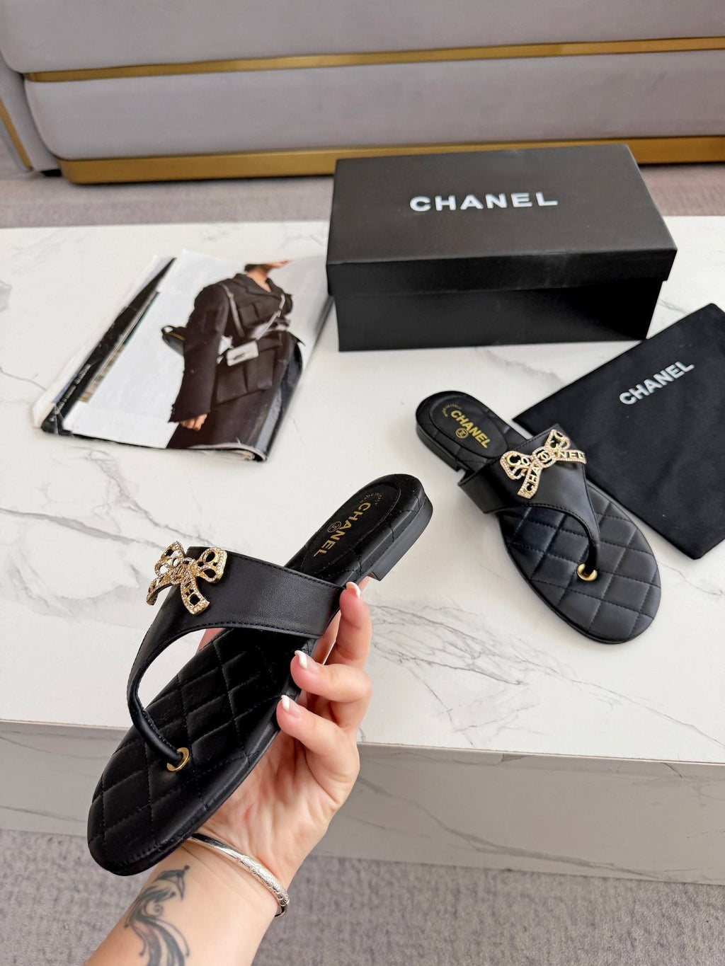 Quilted Bow Sandals — model
