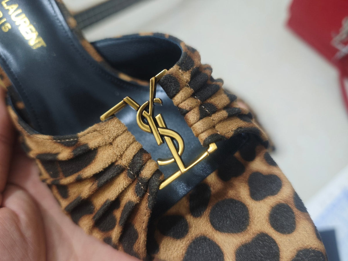 Saint Laurent Ruched Logo Mule Heels — detail