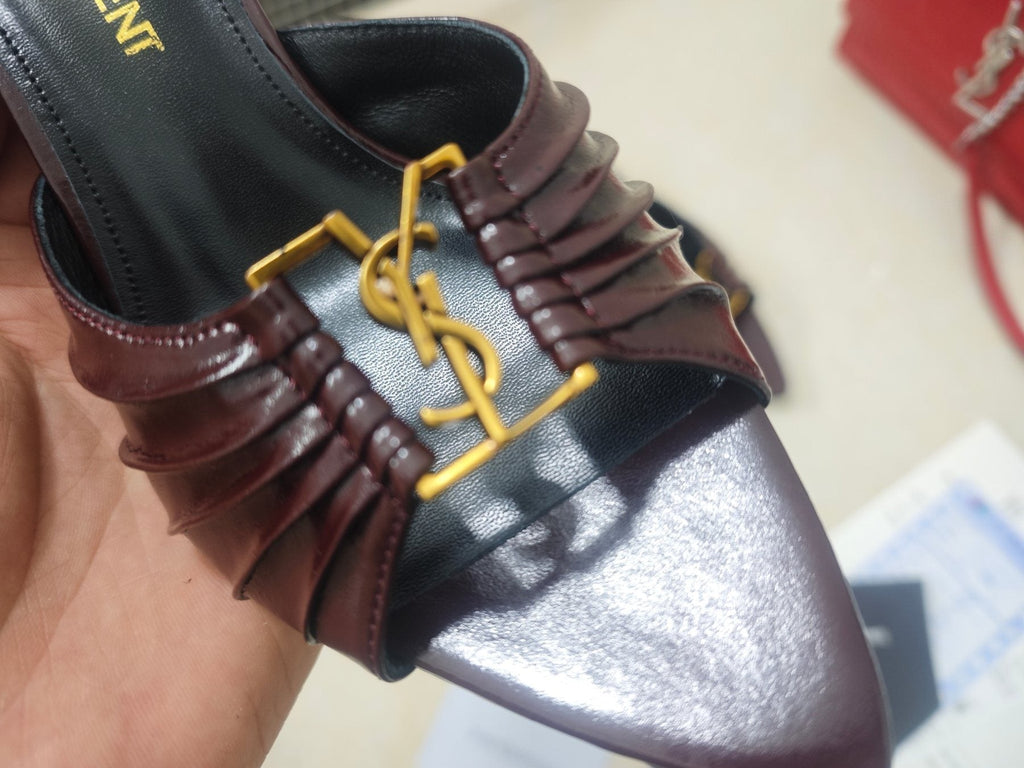 Saint Laurent Ruched Logo Mule Heels — detail