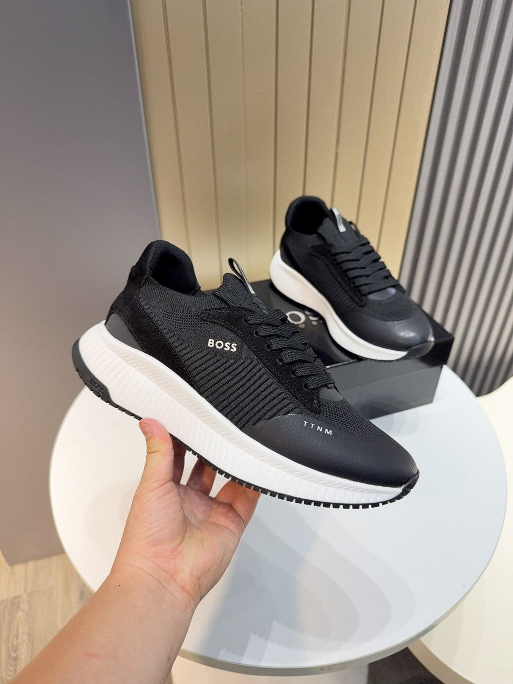BOSS Knit Lace-Up Sneakers — model