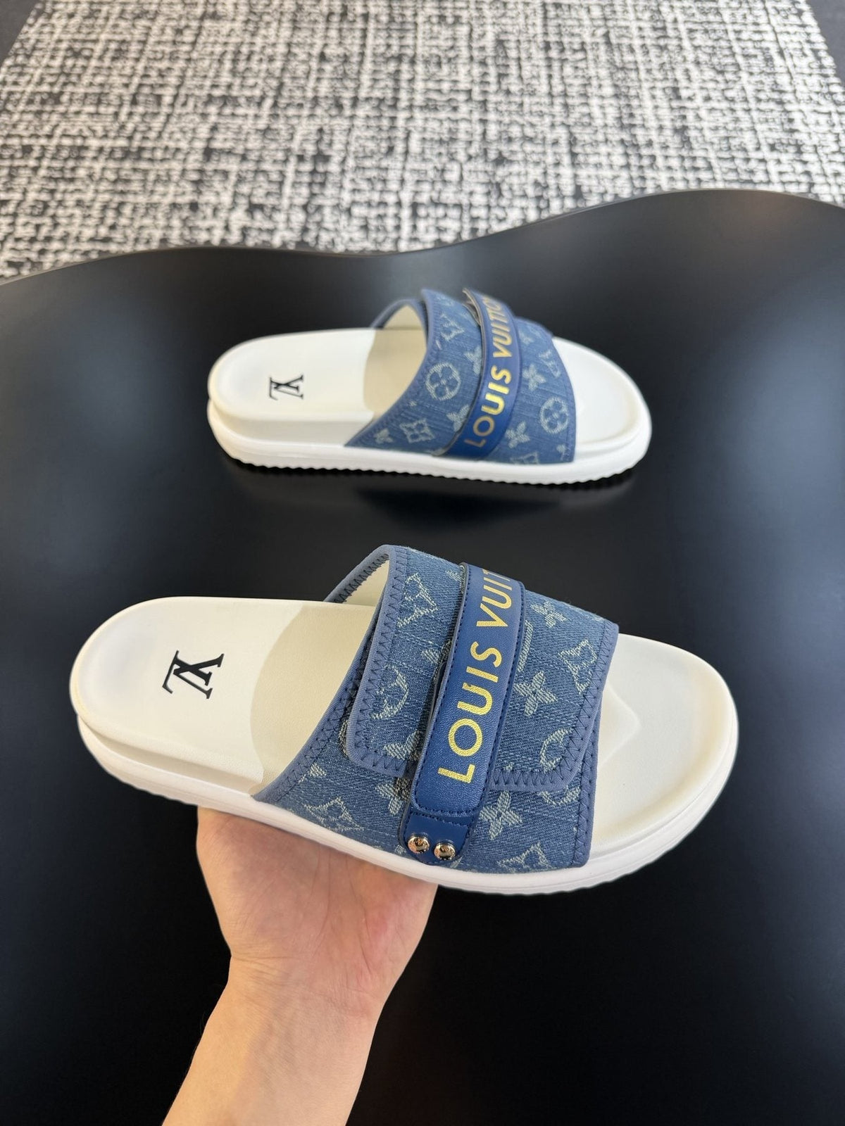 Louis Vuitton Patterned Strap Slide Sandals — model
