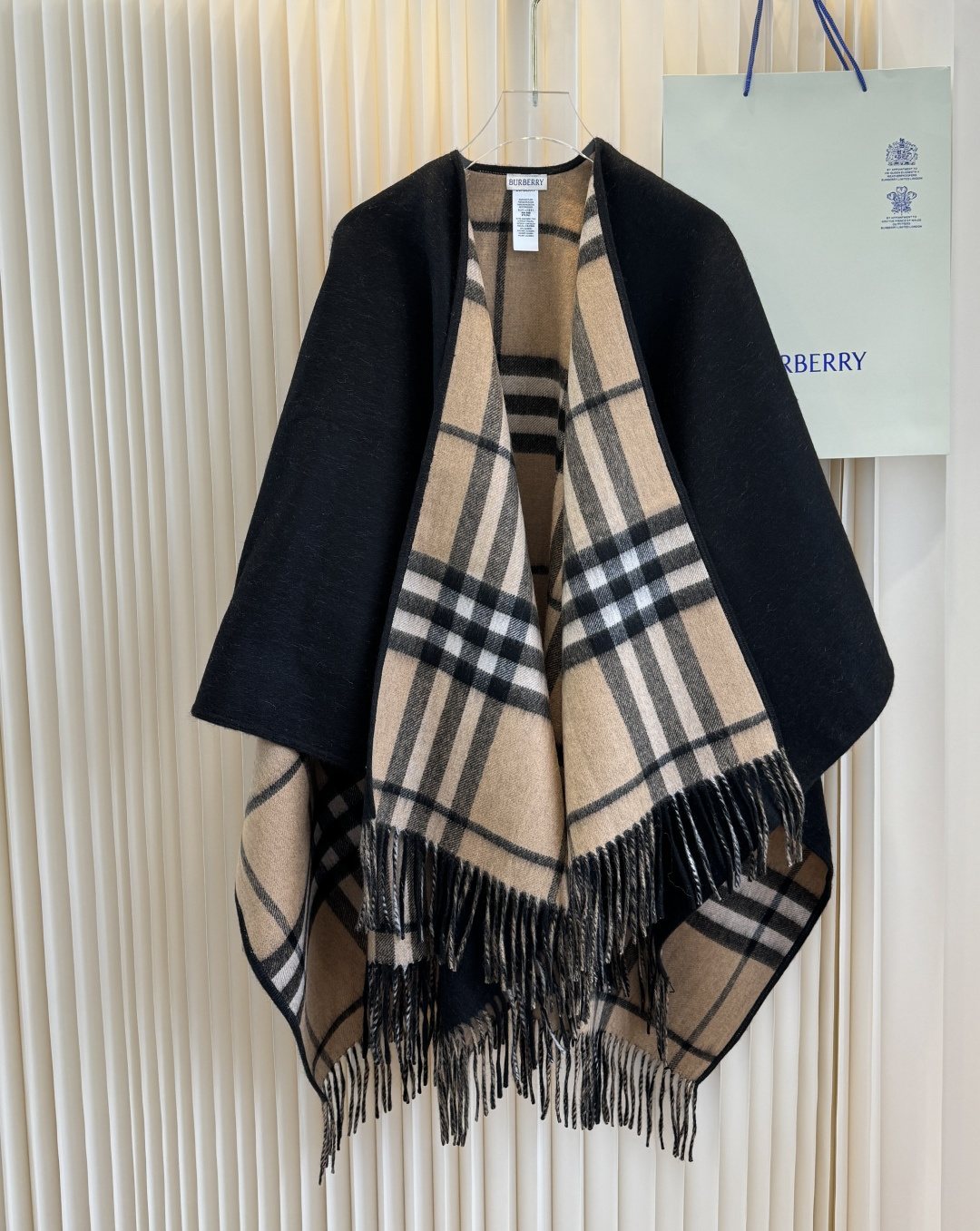 Fringed Plaid Trim Poncho Wrap — front