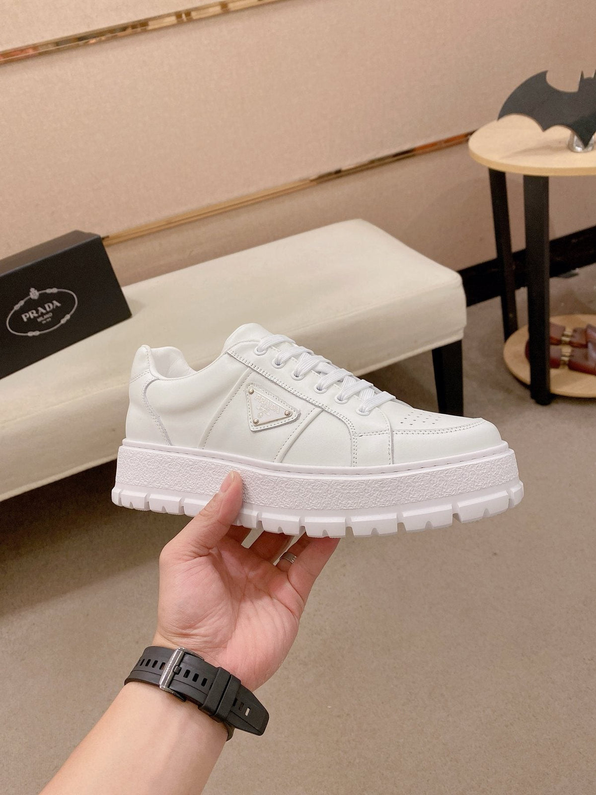 Prada Triangle Plaque Low-Top Sneakers — side