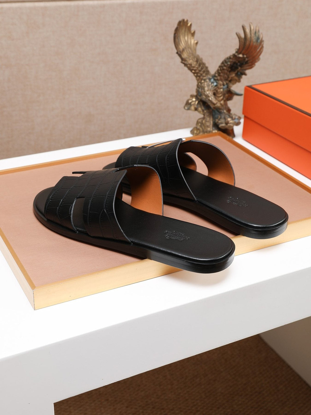 Hermes Textured H Slide Sandals — side