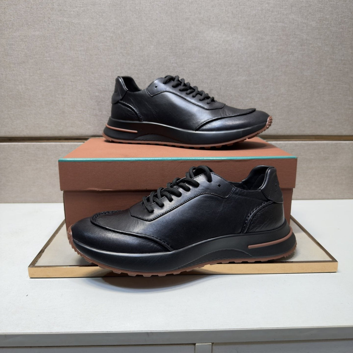 Loro Piana Black Leather Casual Sneakers — front