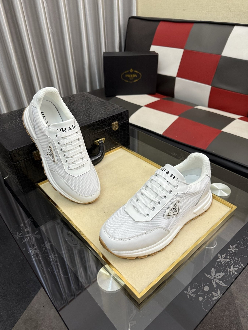 Prada Triangle Plaque Low-Top Sneakers — side
