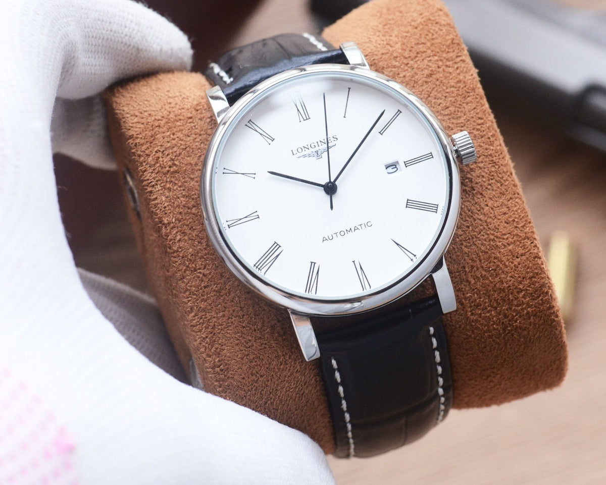 Silver Black White Dial Leather Strap Watch — front