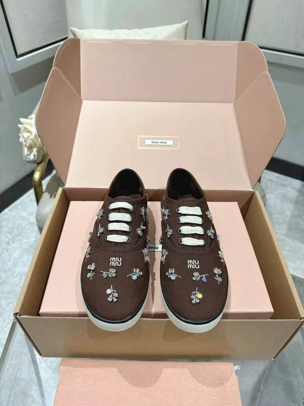 Miu Miu Floral Rhinestone Canvas Sneakers — front