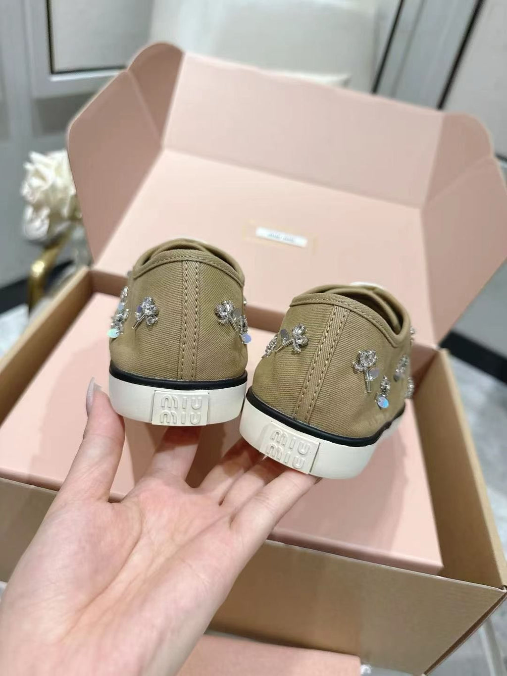 Miu Miu Floral Rhinestone Canvas Sneakers — back