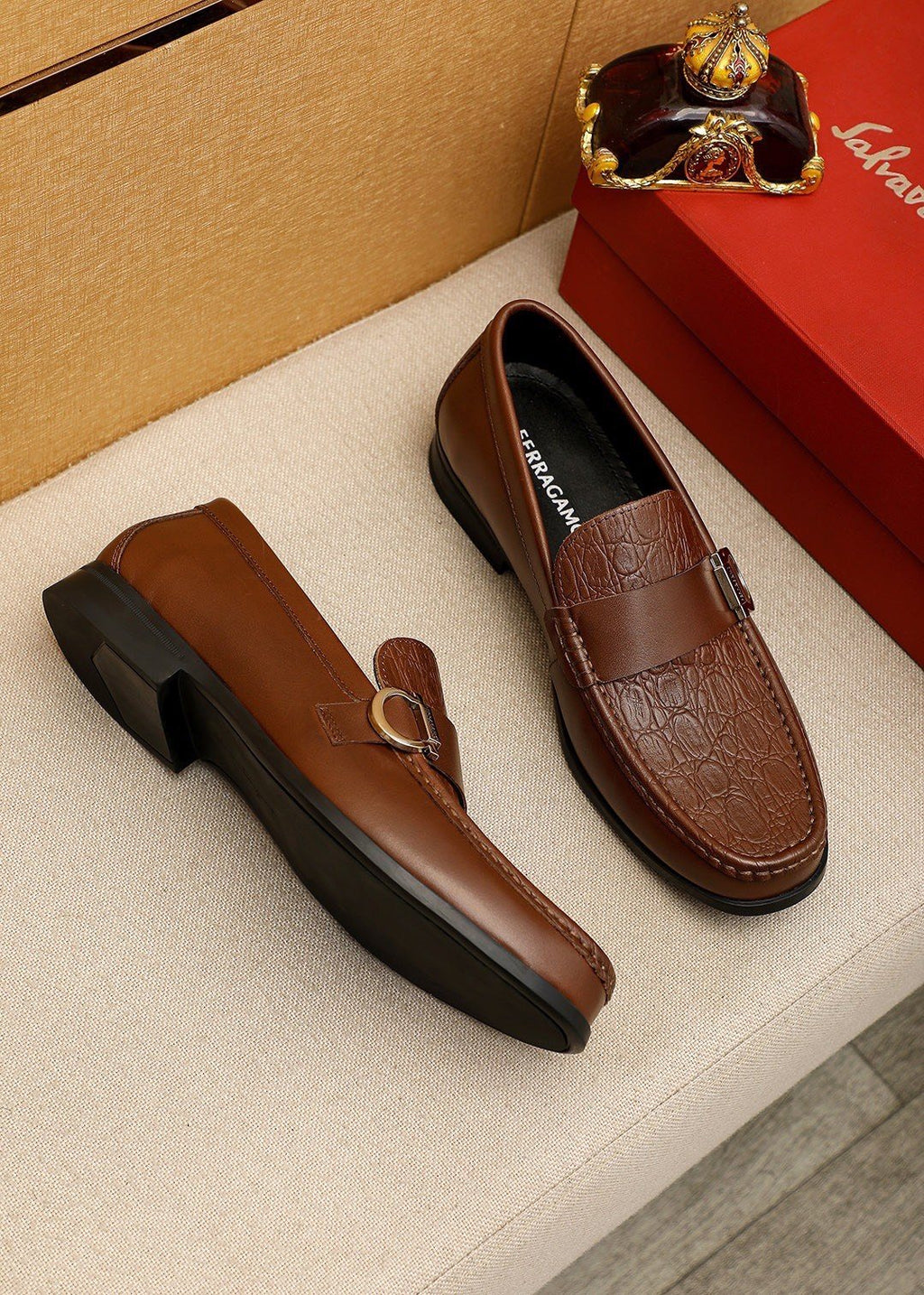Ferragamo Textured Metal Bit Leather Loafers — front
