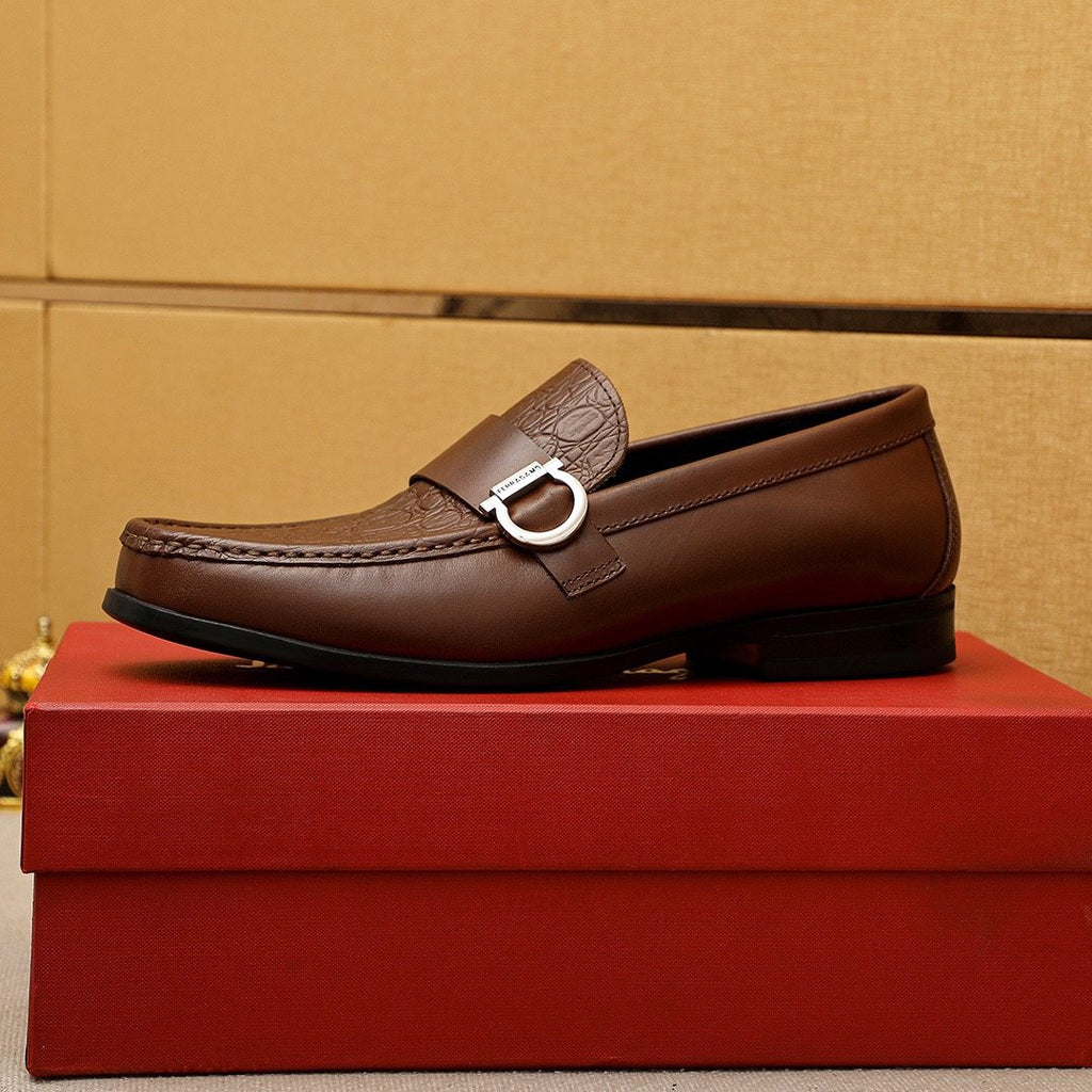 Ferragamo Textured Metal Bit Leather Loafers — side