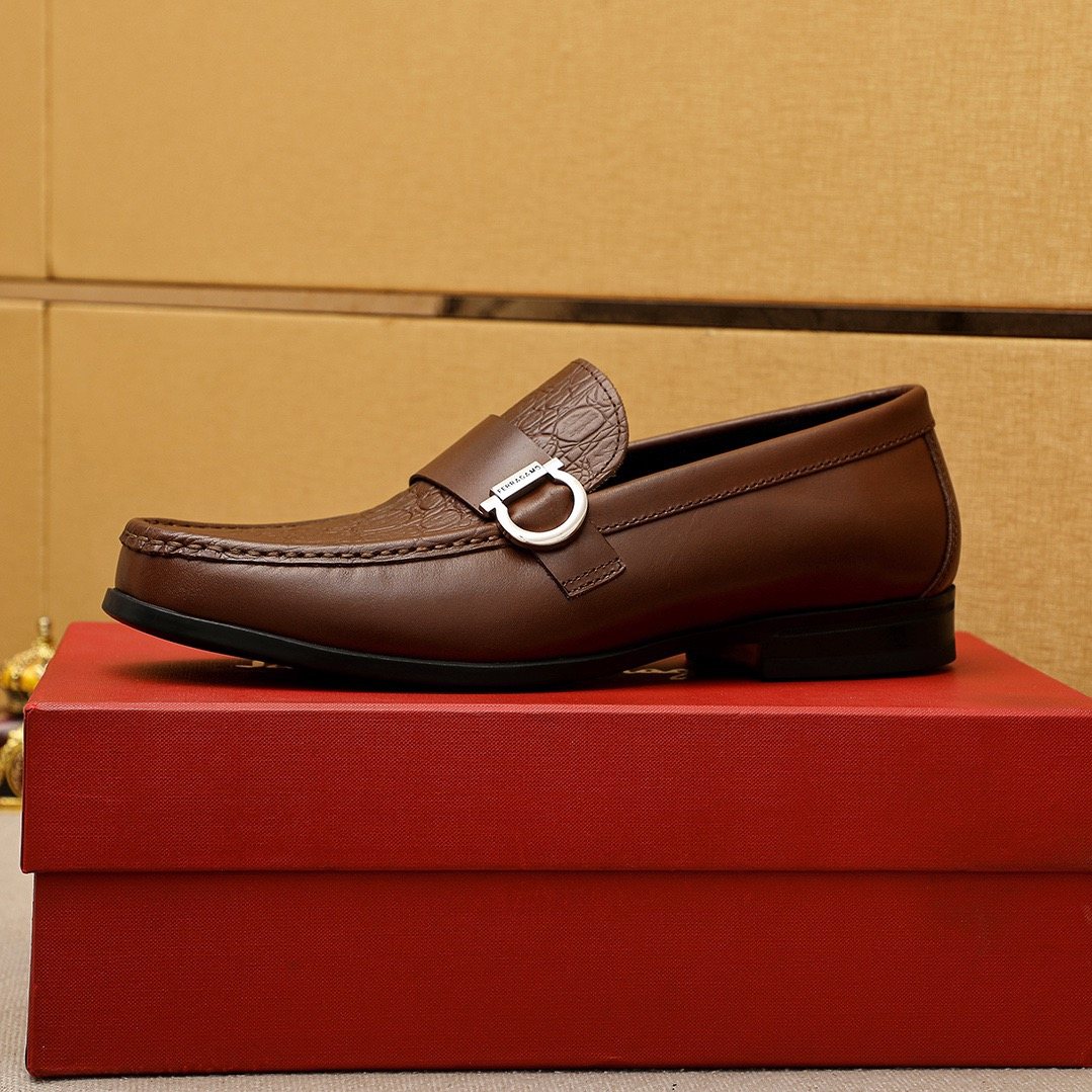 Ferragamo Textured Metal Bit Leather Loafers — side