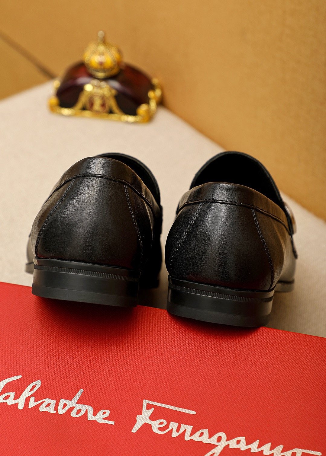 Ferragamo Textured Metal Bit Leather Loafers — detail