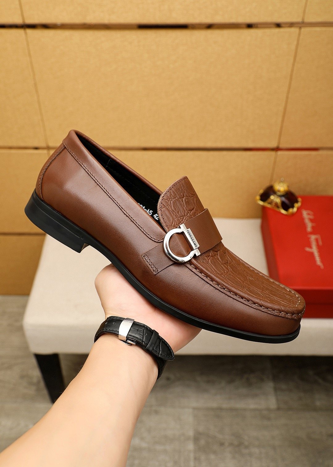 Ferragamo Textured Metal Bit Leather Loafers — model