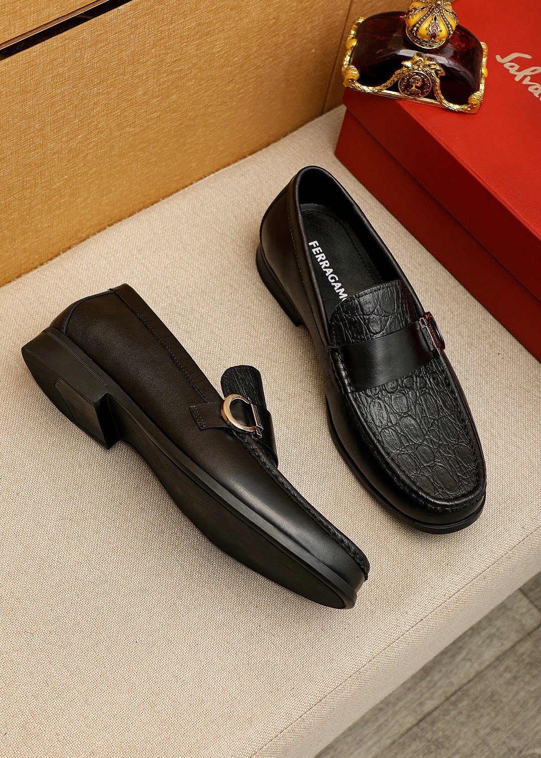 Ferragamo Textured Metal Bit Leather Loafers — front