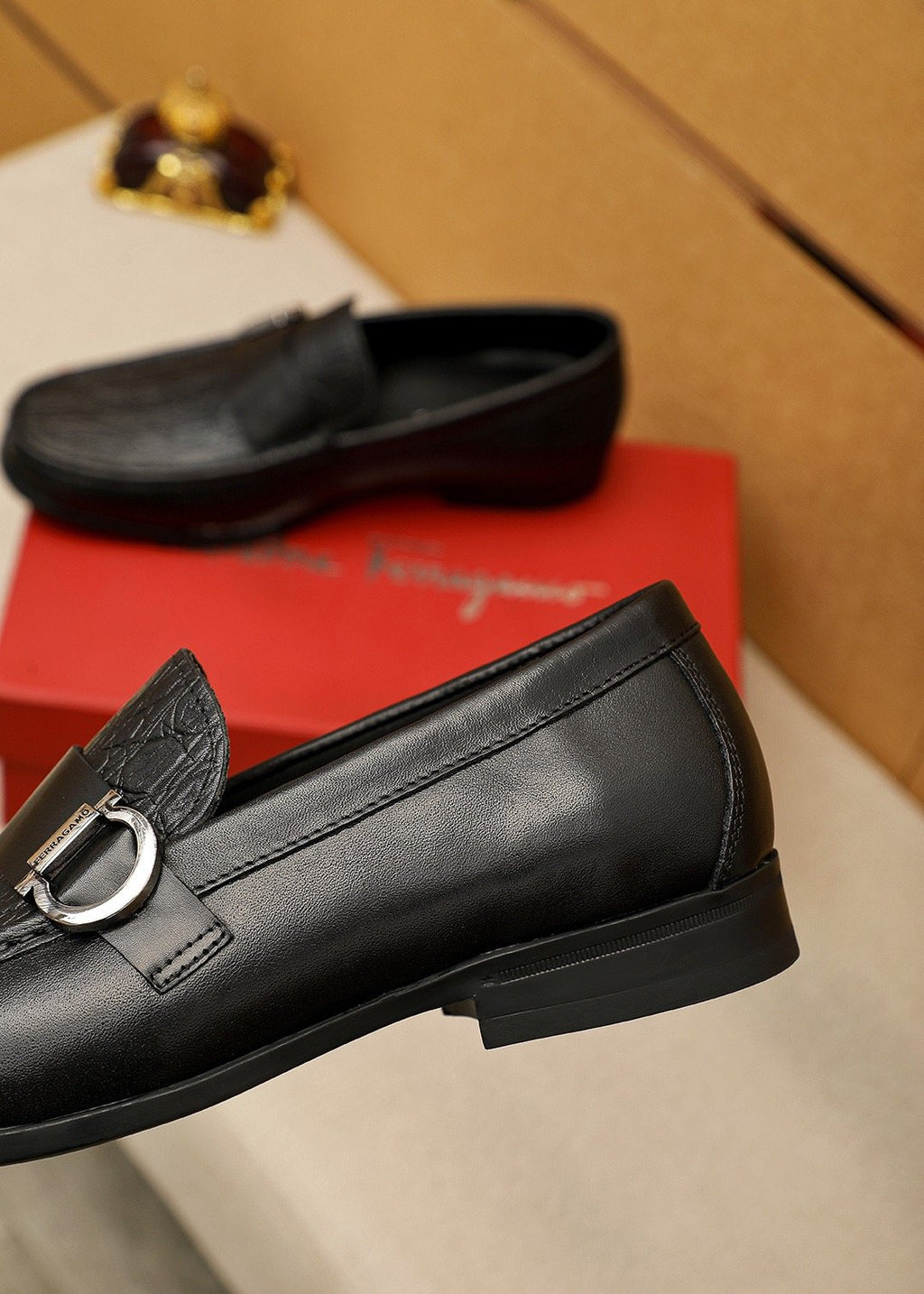 Ferragamo Textured Metal Bit Leather Loafers — back