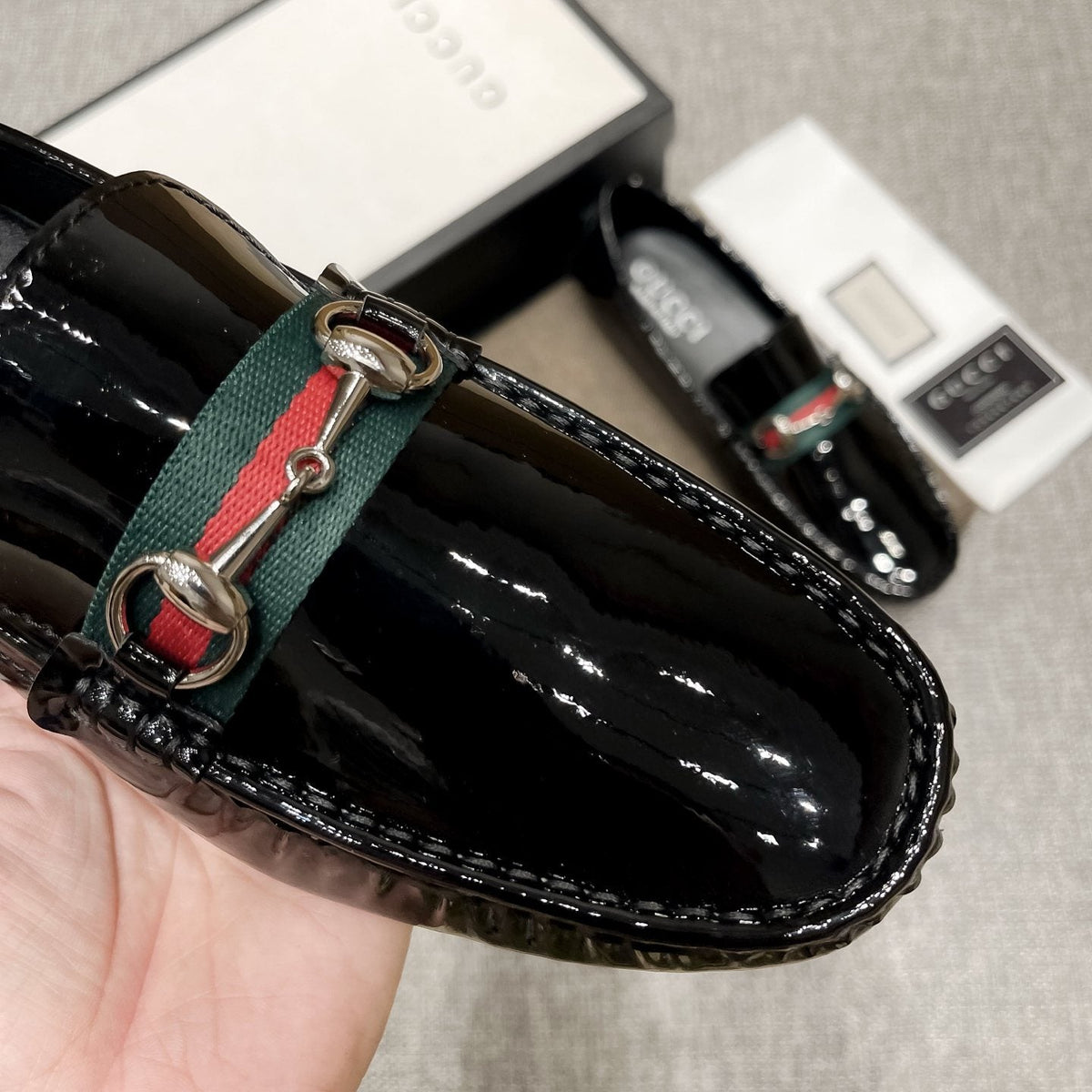 Gucci Black Web Stripe Loafers — detail