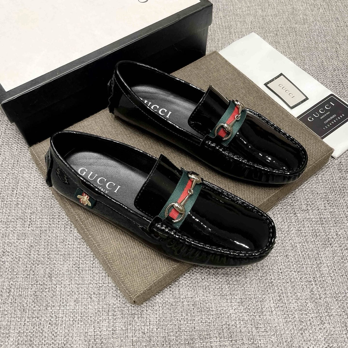 Gucci Black Web Stripe Loafers — hero