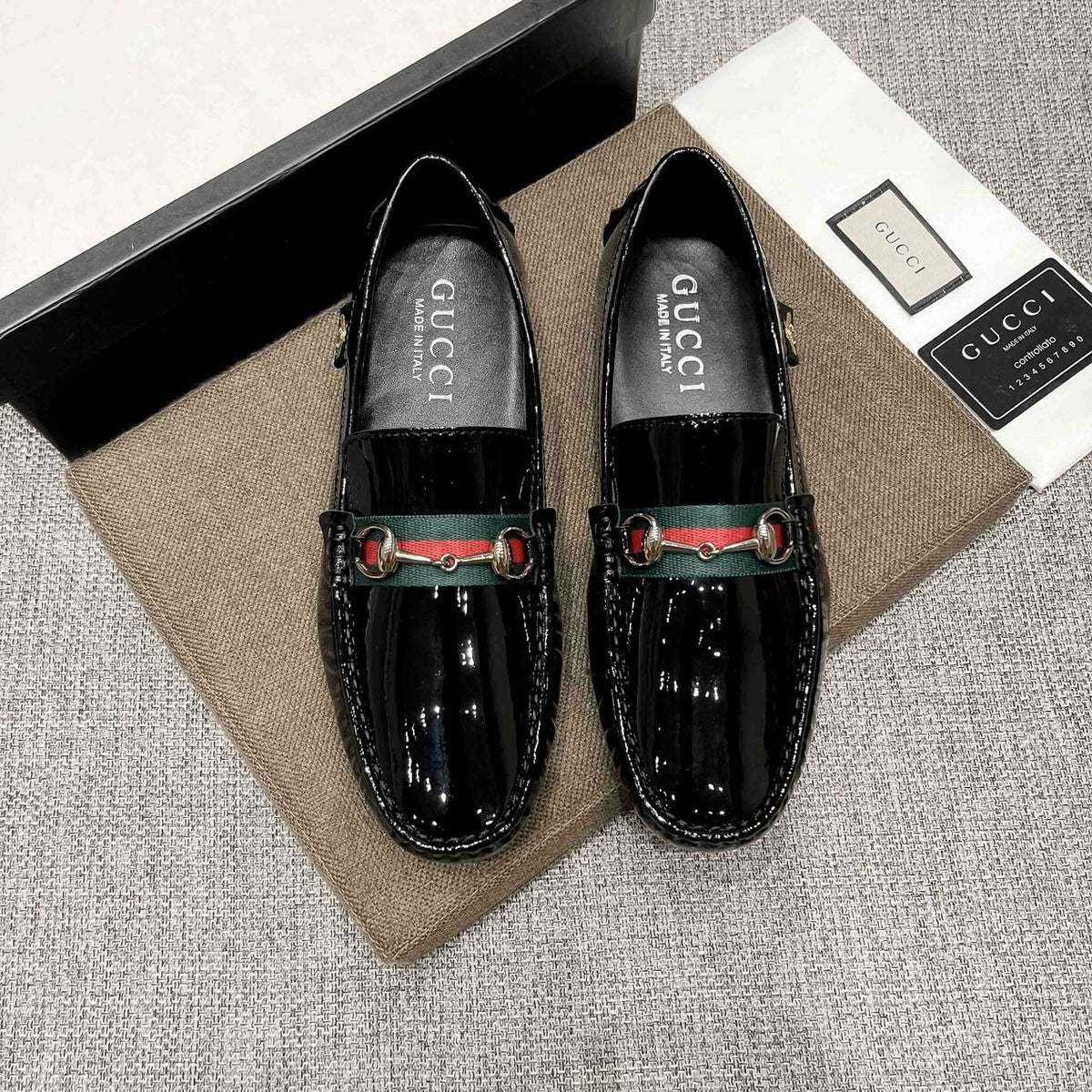 Gucci Black Web Stripe Loafers — front